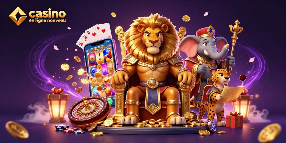 Découvrez le nouveau casino en ligne avec un roi lion, un éléphant sage et un guépard, illustrant le divertissement et les gains.
