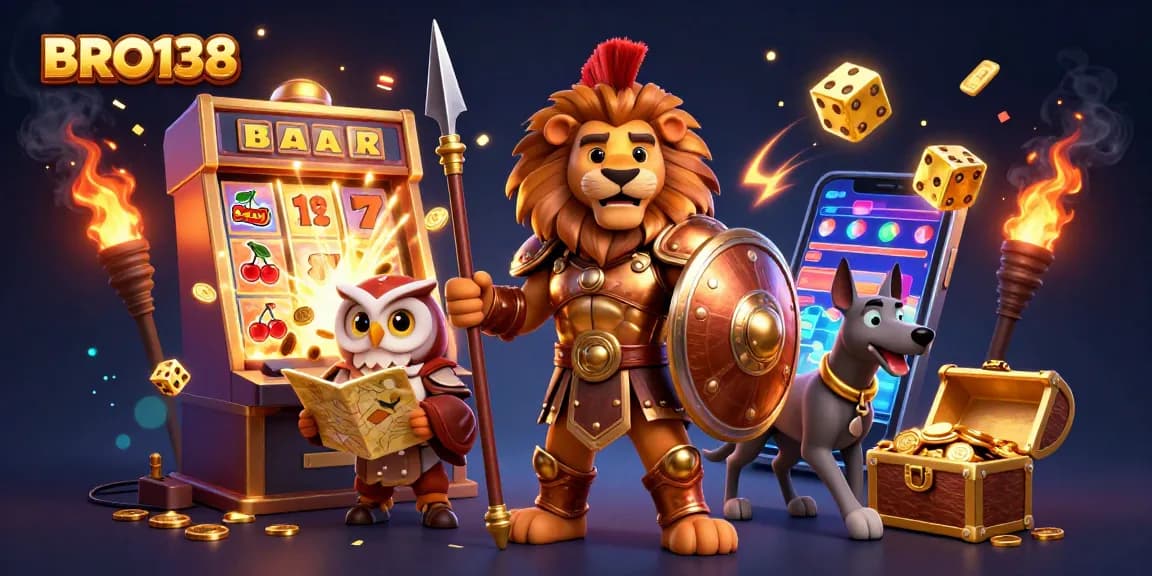 BRO138 explores an engaging slot experience with a jackpot explosion, featuring a Spartan lion and strategic owl in action.