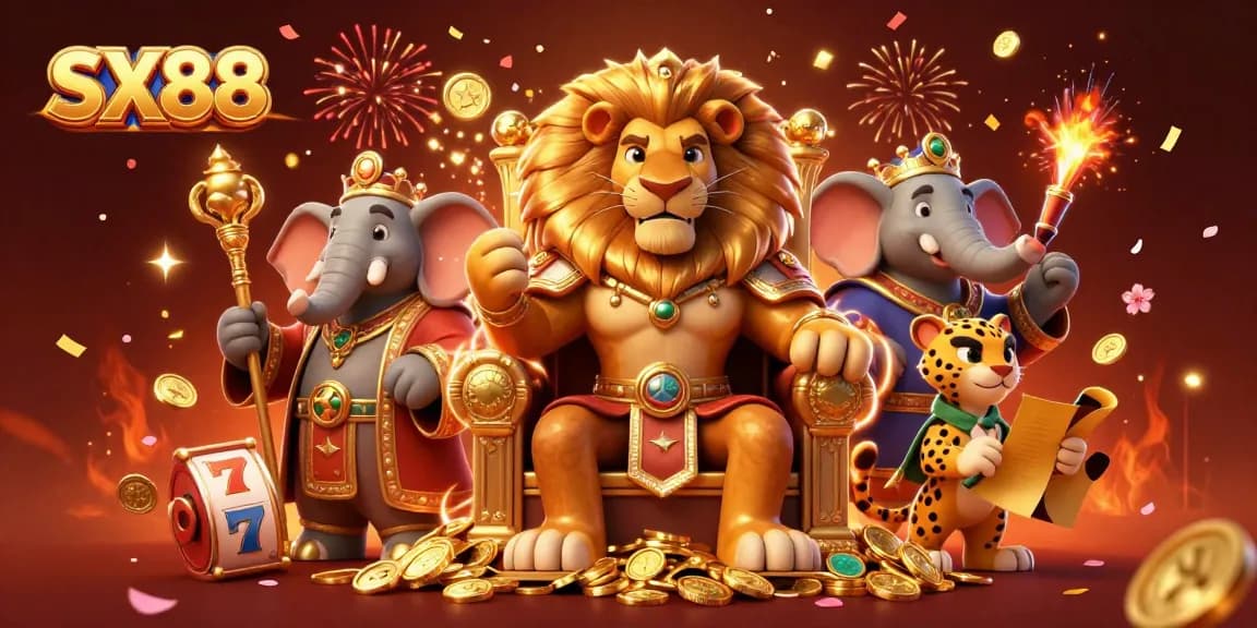 SX88 promotes thrilling casino experiences with lion king, elephant advisor, and cheetah messenger in a vivid gambling scene.