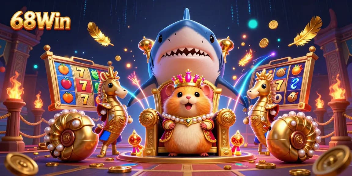 Experience thrilling wins with 68Win's vibrant casino scene showcasing slot reels and a hamster king.