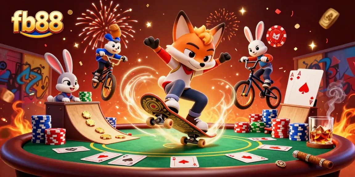 Experience thrilling action with fb88, showcasing a vibrant cartoon fox and rabbit performing tricks over poker chips.
