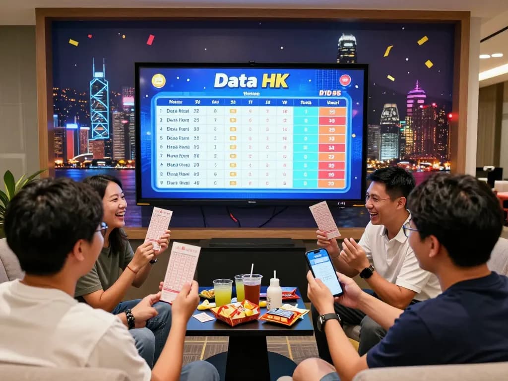 Group celebrating recent Data HK lottery results in a vibrant lounge.