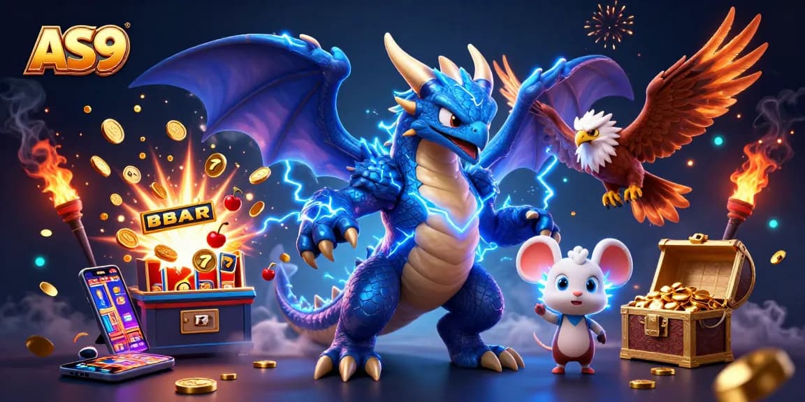 AS9 features a thunder dragon, wind hawk, and thunder mouse in a vibrant casino scene.