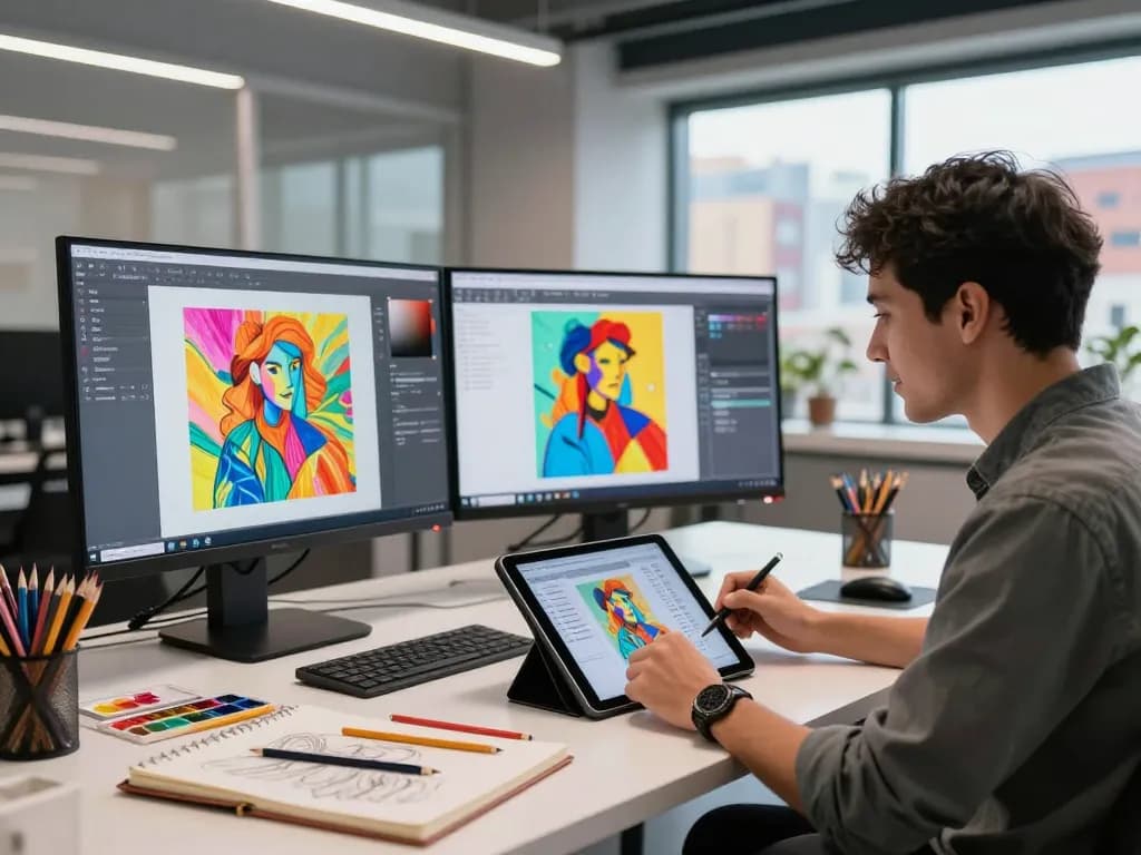 Creative professional using an image to prompt generator in a dynamic studio setting.