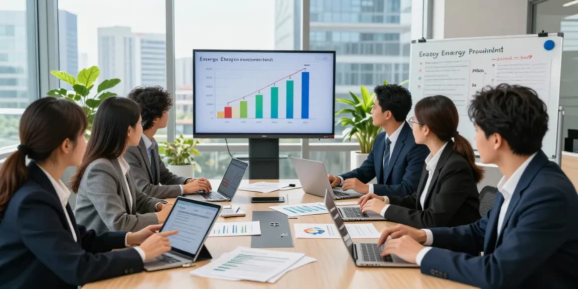 Business professionals examining business energy rates in a modern office, showcasing collaboration and teamwork.