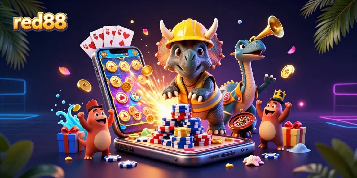 Engage with red88's exciting world featuring 3D characters building poker chip pyramids amid dynamic casino elements.