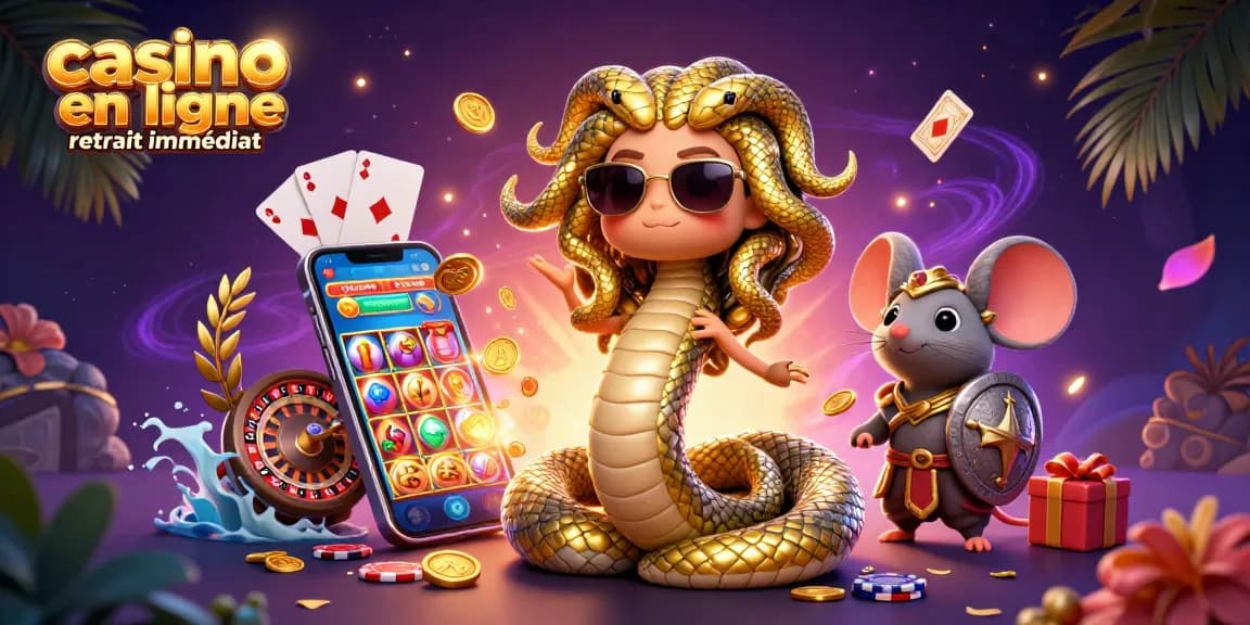 Jeux passionnants de casino en ligne retrait immédiat avec Medusa et un guerrier souris, entourés de gains instantanés.