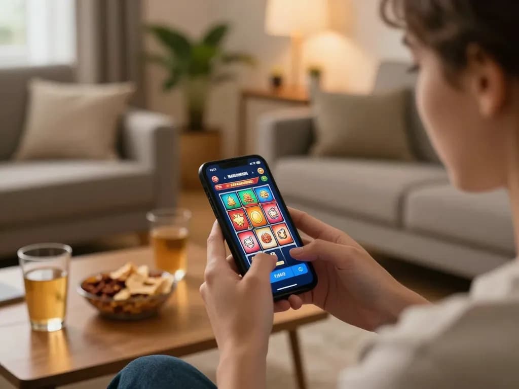 Menikmati perjudian online dengan permainan slot server thailand, suasana santai, smartphone di tangan.