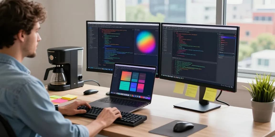 Efficient workspace for 截图软件下载 with dual monitors, vibrant coding, and Snipaste interface.