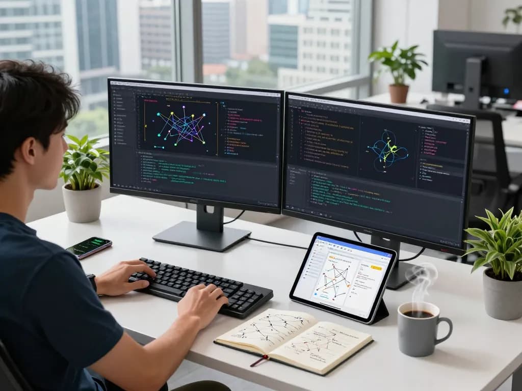 快连 software developer coding on dual monitors in modern tech workspace, emphasizing advanced network solutions and productivity.