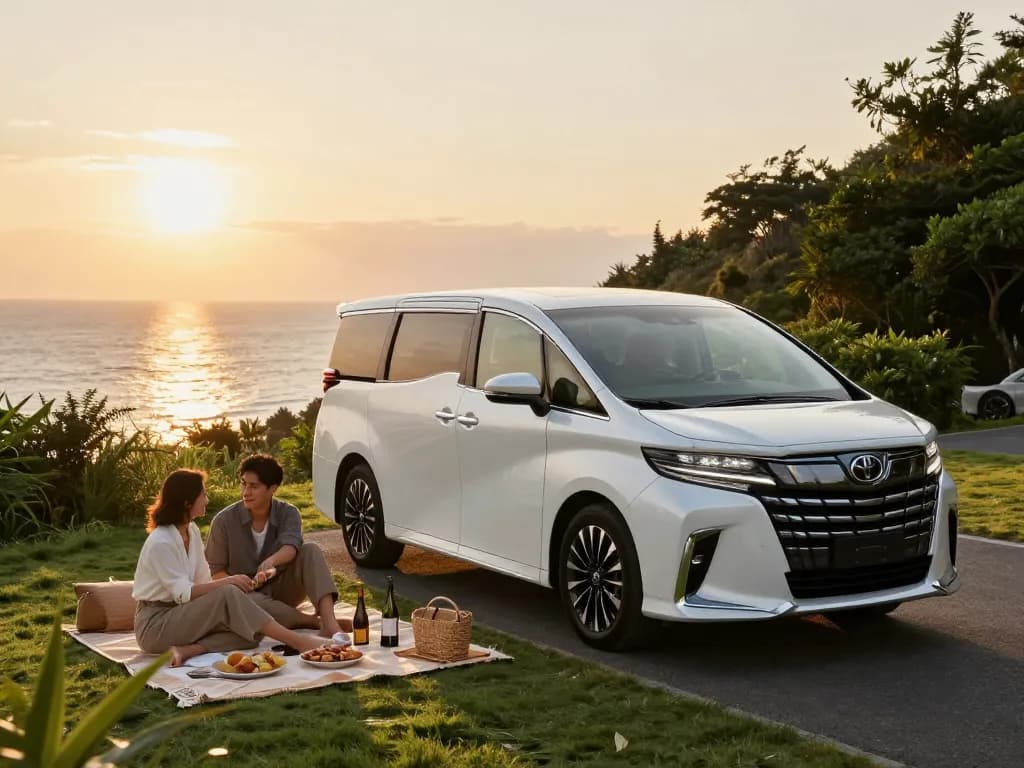 Cảnh cho thuê xe Alphard sang trọng với cặp đôi thưởng thức bữa tối hoàng hôn bên cạnh xe tại một điểm ngắm cảnh ven biển tuyệt đẹp.