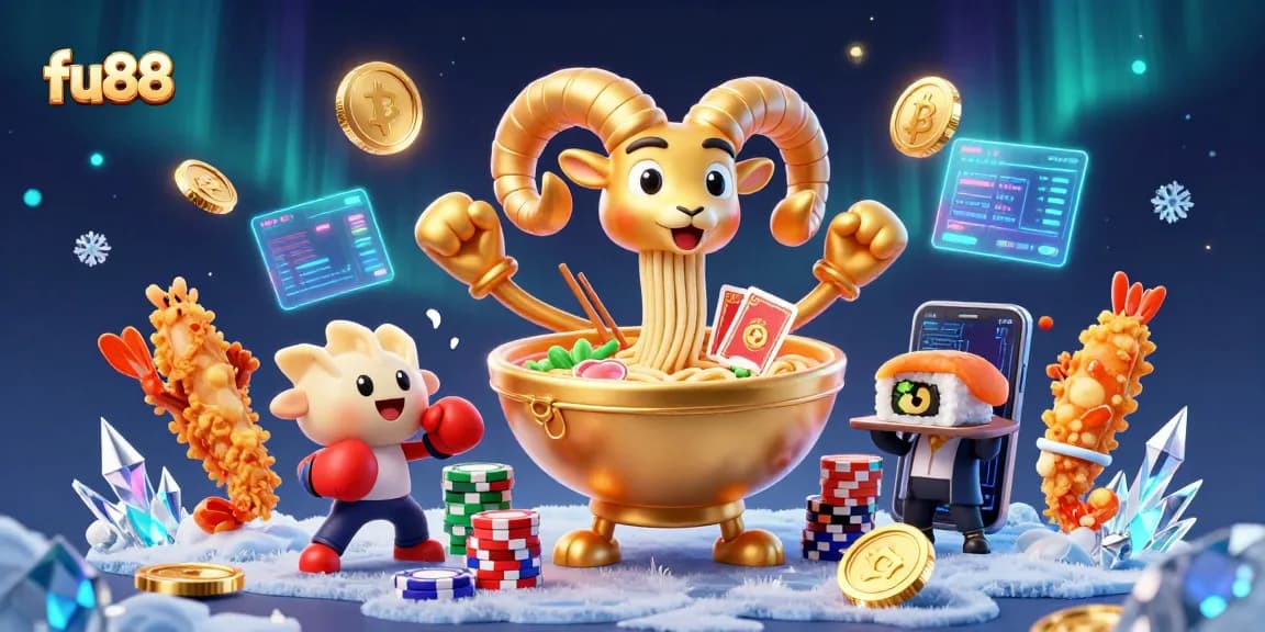 fu88's vibrant casino scene featuring a giant golden ramen bowl dealer and crypto elements