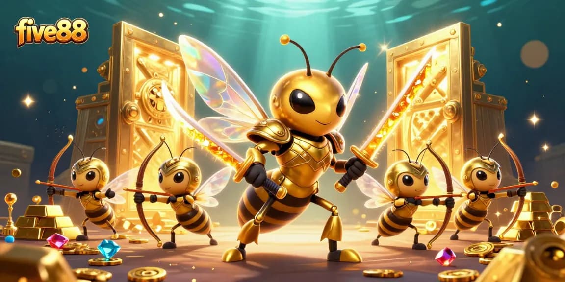 Experience five88's thrilling atmosphere with a giant golden hornet samurai and treasure in an action-packed scene.
