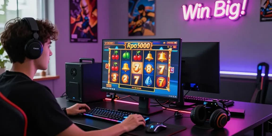 Player enjoying slot depo 5000 game on a high-resolution screen, surrounded by gaming accessories and vibrant atmosphere.