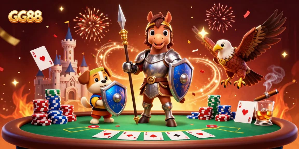 Engage in exhilarating gaming at GG88 with a knight, puppy, and falcon amidst poker action.