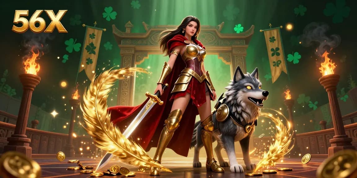 Engage with thrilling experiences at 56X, featuring a warrior queen and her wolf protector amidst vibrant casino elements.