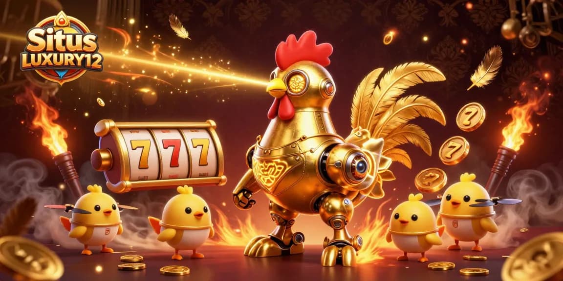 Situs LUXURY12 offers engaging slot experiences with a golden rooster robot and baby chick drones, embodying excitement and victory.