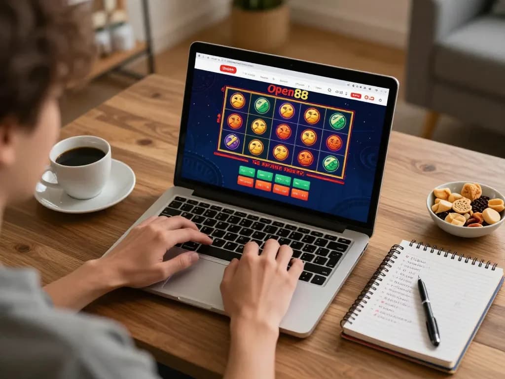 Engaging gaming session on open88 platform, showcasing laptop gameplay with strategic notes.