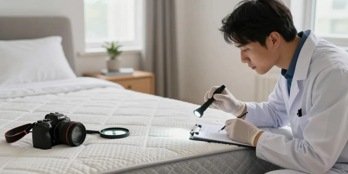 Bed bug pest control expert inspecting a mattress for infestations in a well-lit bedroom.