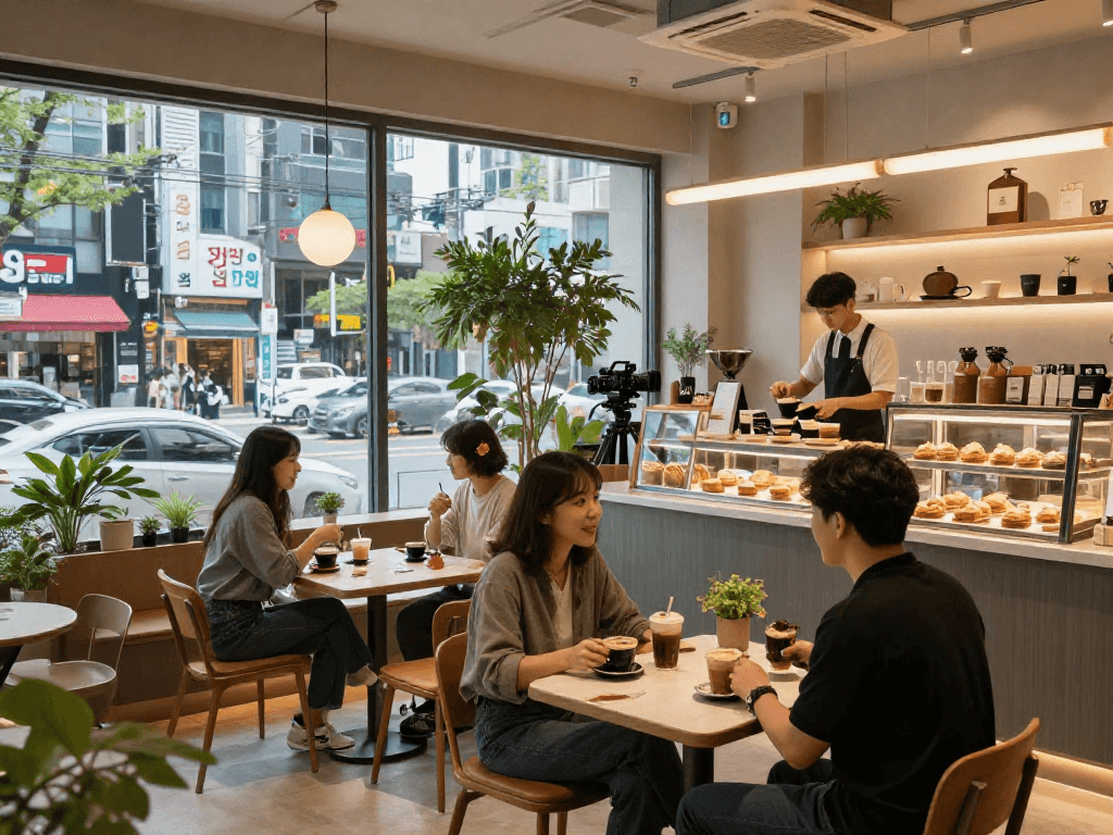 강남 멀리건 내부 모습, 친구들이 편안히 음료를 즐기며 따뜻한 분위기 속에서 소셜 경험을 나누는 장면