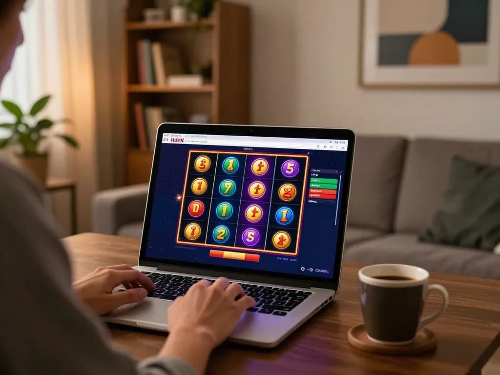 Kuwin player engaging with an online slot game in a cozy home setting.