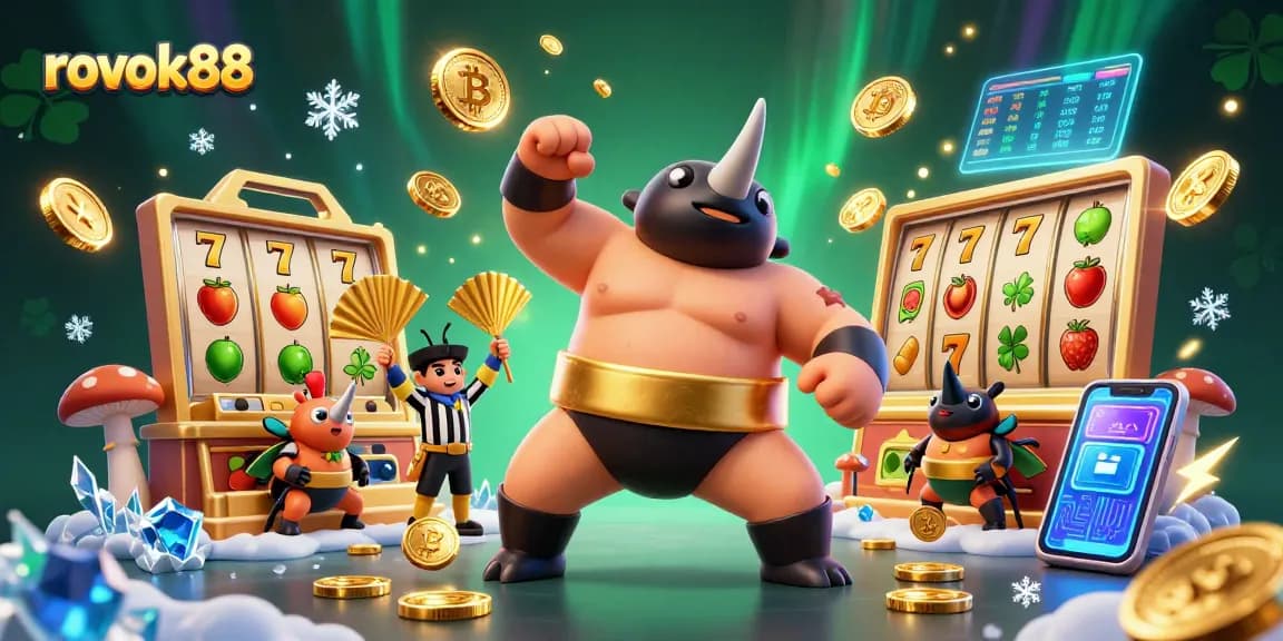 Bet on rokok88 with powerful imagery of a champion rhinoceros beetle amidst slot reels and gold coins.