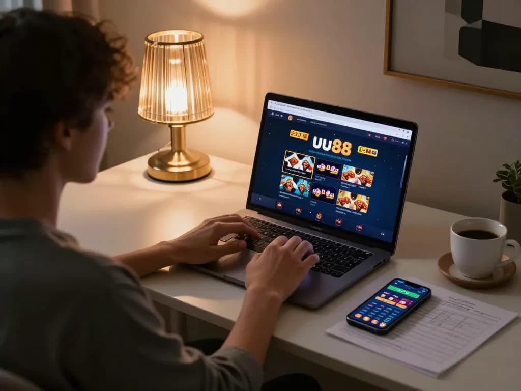 Engaged player exploring uu88 online casino interface on a laptop in a cozy modern home