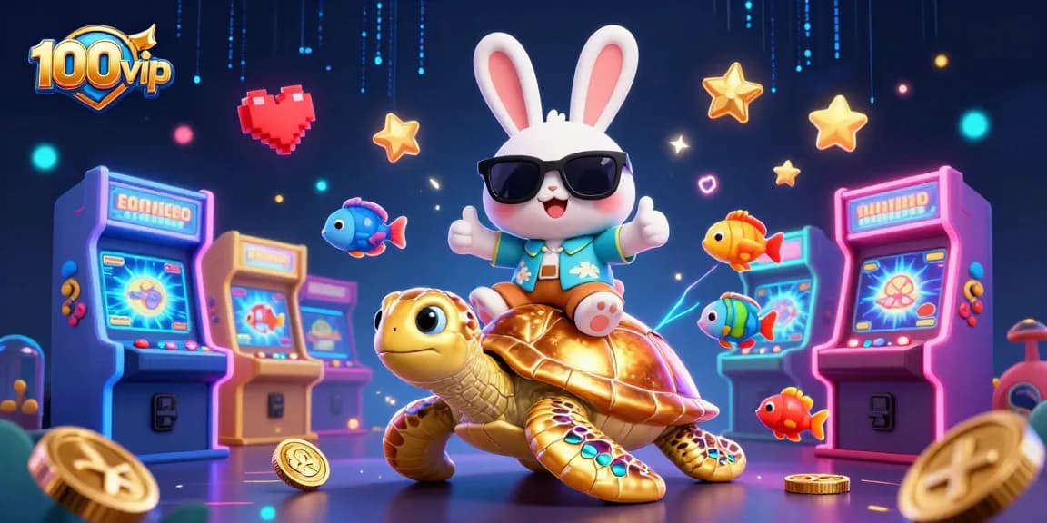 Experience the excitement of 100vip with our lucky rabbit and golden sea turtle in a vibrant casino world.