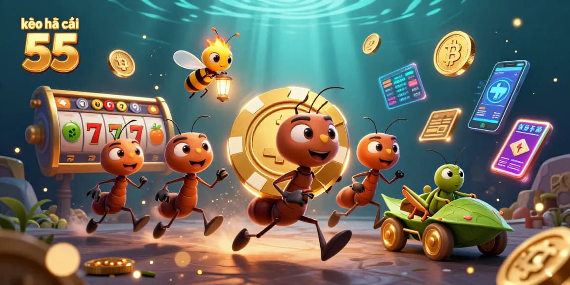 Engaging scene of kèo nhà cái 55 with cartoon ants heisting a giant poker chip, vibrant casino elements.