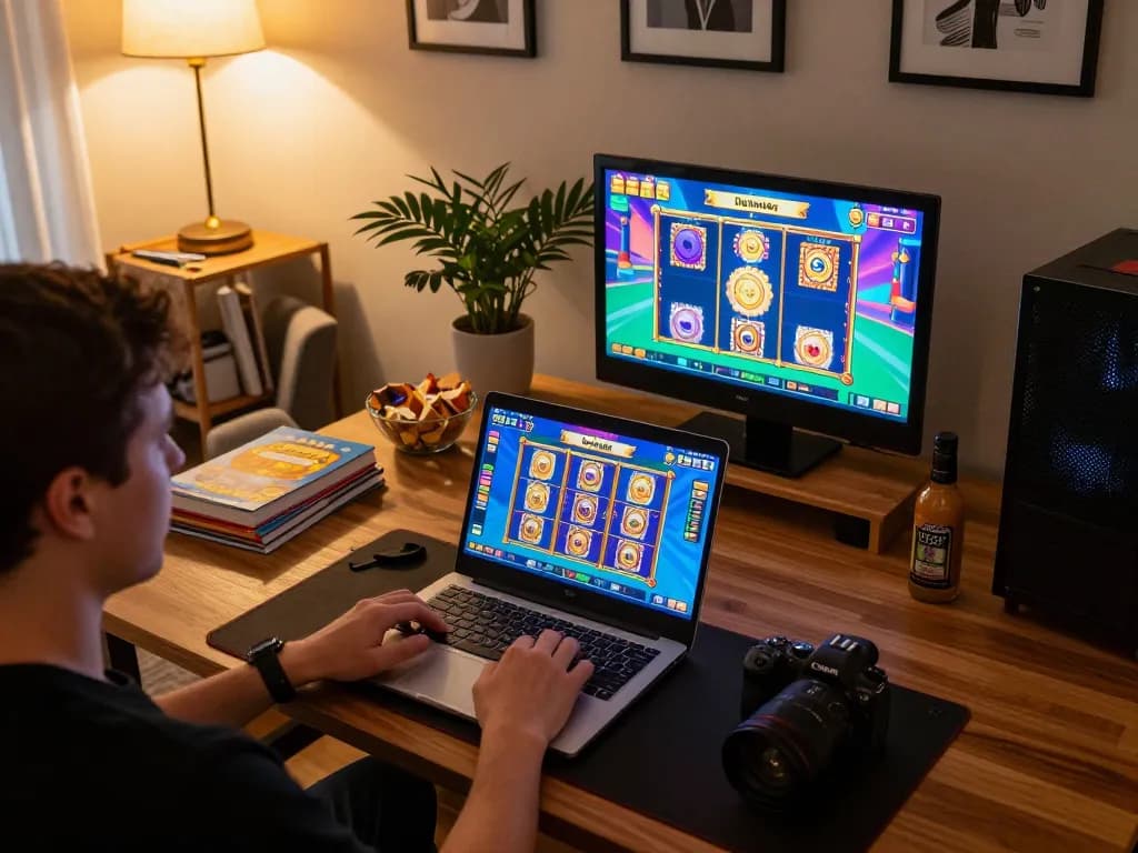 Engaging home gaming experience with qh88go online slots displayed on laptop screen, inviting atmosphere.