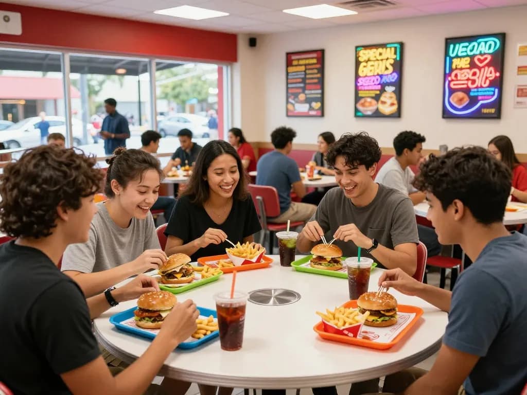 Fast food prices displayed with colorful meals in a lively restaurant setting
