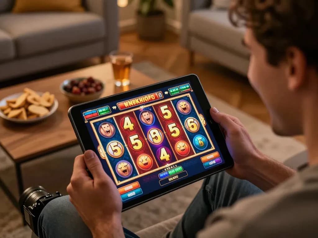 Engaging player enjoying a vibrant online slot game on a tablet at home, symbolizing online gambling entertainment.