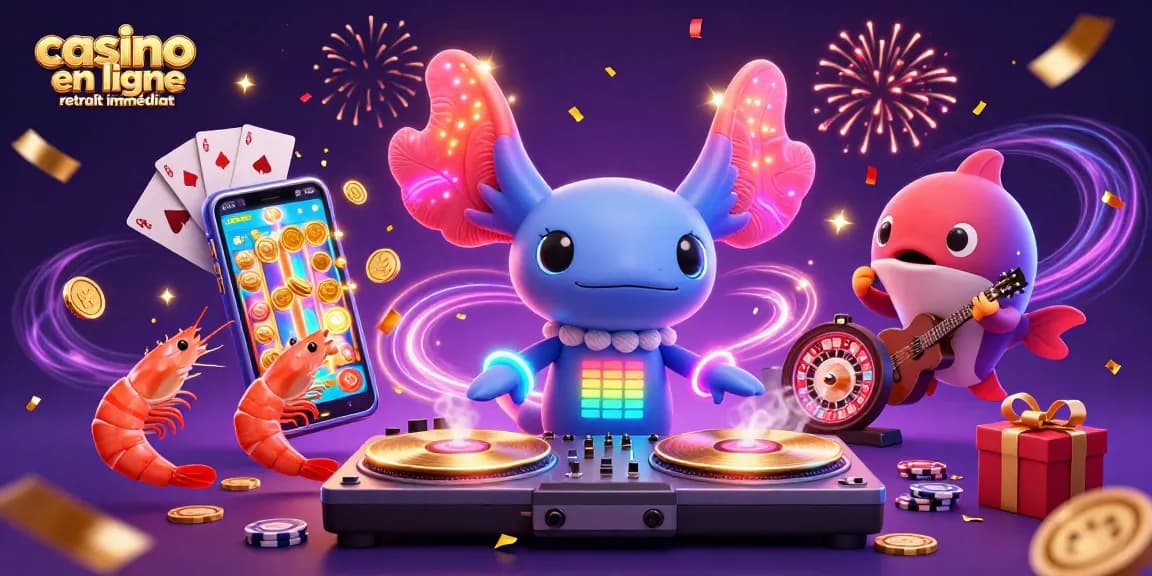 Gagnez avec le casino en ligne retrait immédiat en illustrant l'axolotl DJ dans une fête colorée de jeux de casino.