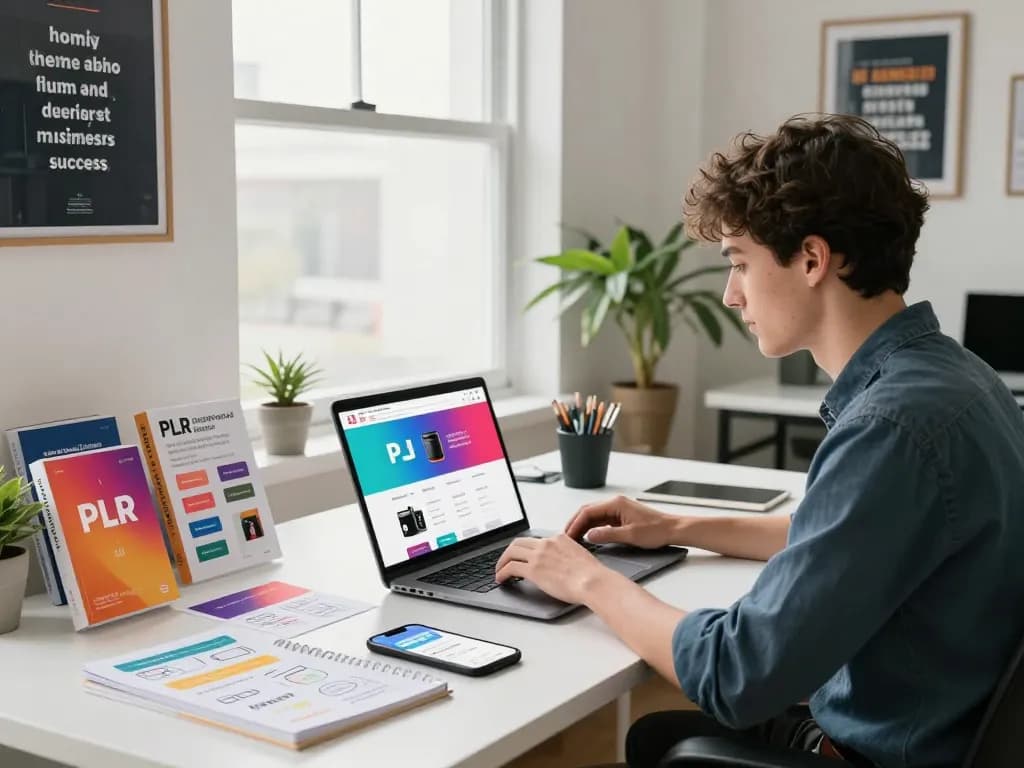 Buy PLR Products Online in a vibrant e-commerce workspace setting showcasing e-books and templates.