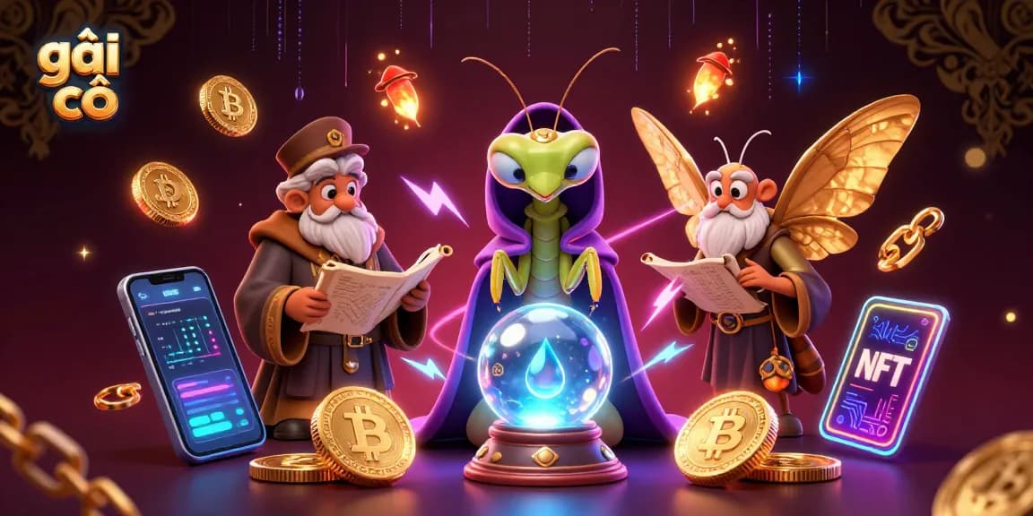 Engage in thrilling азартные игры with a vibrant representation of gái gọi amidst dynamic crypto elements and magical characters.
