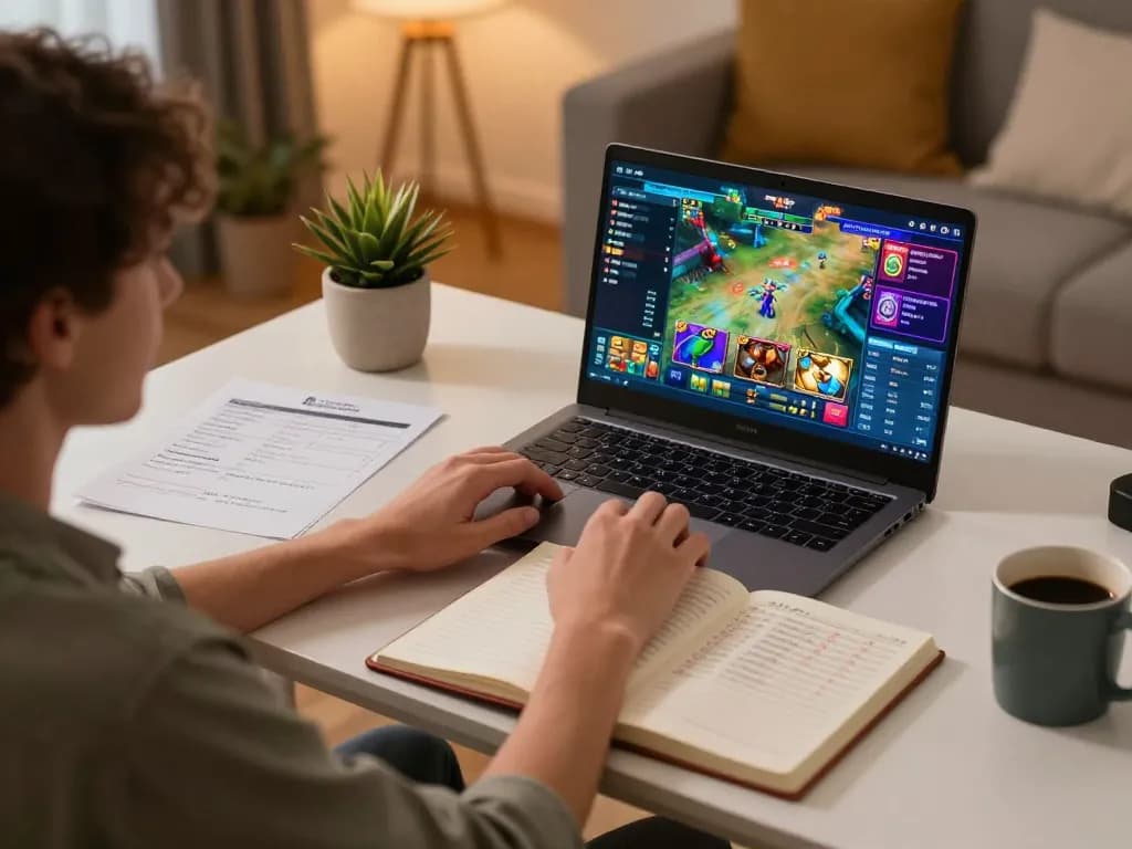 Player engaged in game nổ hũ on laptop at home, encouraging responsible gaming
