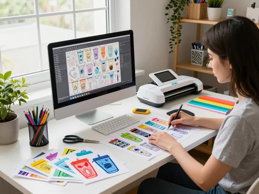 Designer crafting with Svg files and Cricut machine in a vibrant workspace.