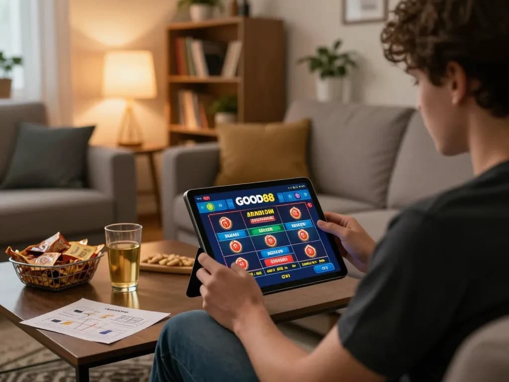 Enjoying the GOOD88 casino app on a tablet in a cozy home setup.