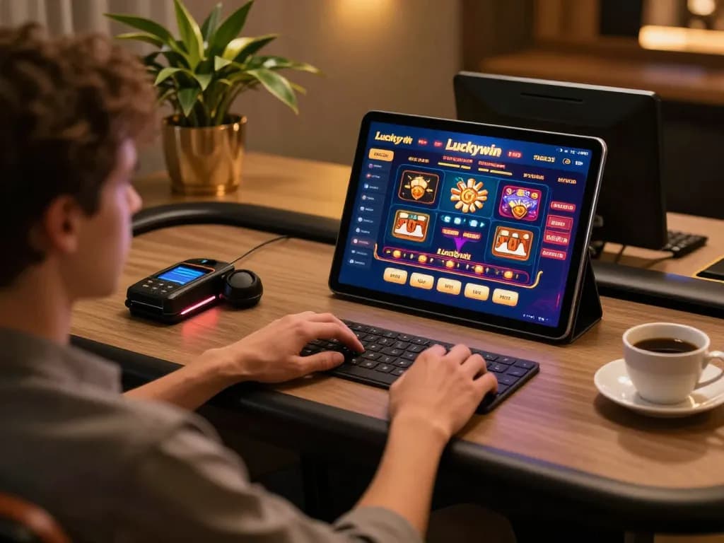 Kết nối với nền tảng Luckywin, người chơi lập chiến lược tại nhà với máy tính bảng trong không gian ấm cúng.