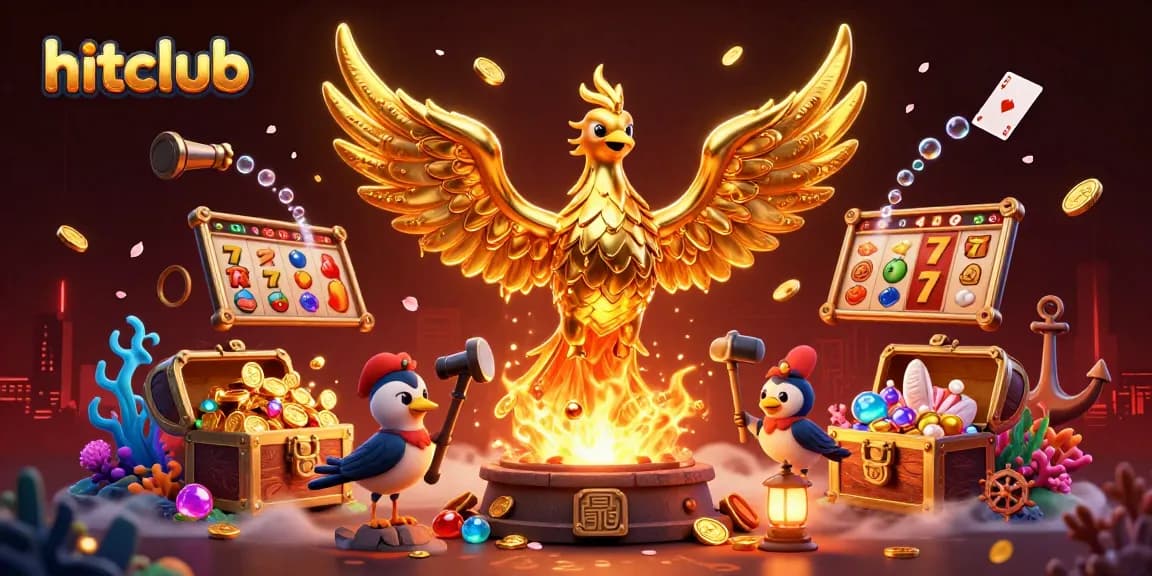 Experience the thrill of winning at hitclub with a golden phoenix amidst vibrant casino symbols.