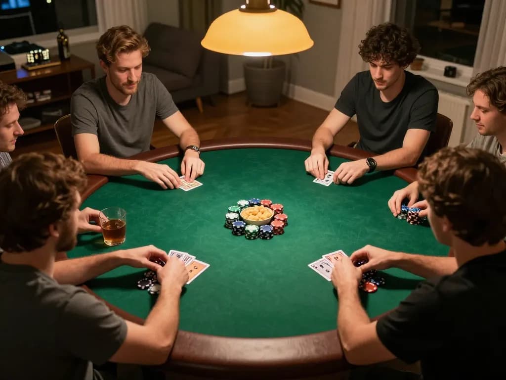 LC99 poker game in friendly home setting, showing players strategizing and enjoying chips.