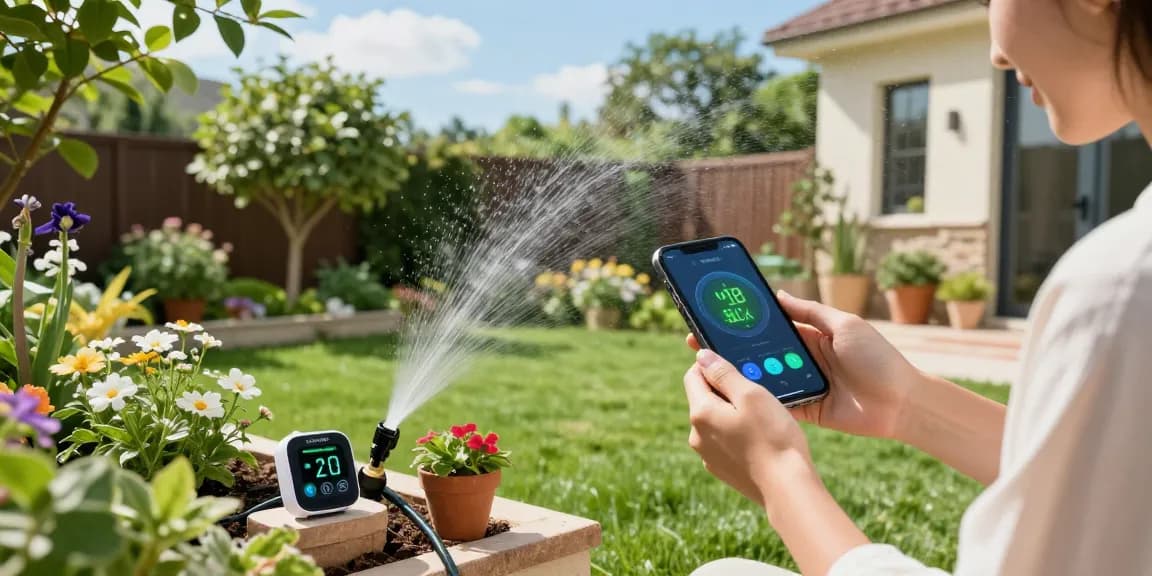 Gardener using the rainpoint wifi water timer to maintain a flourishing garden with smart watering technology.