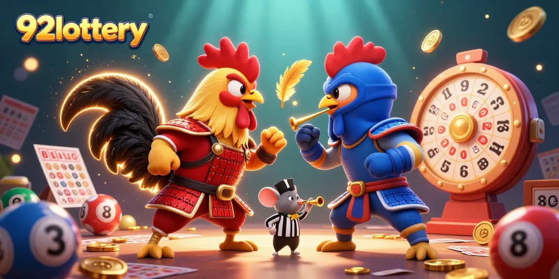 Engage with 92lottery's vibrant prize wheel as cockfighters face off in a dramatic gaming showdown.
