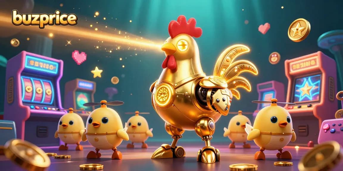 Experience excitement at buzprice with a vibrant casino-inspired 3D illustration featuring a golden rooster robot.
