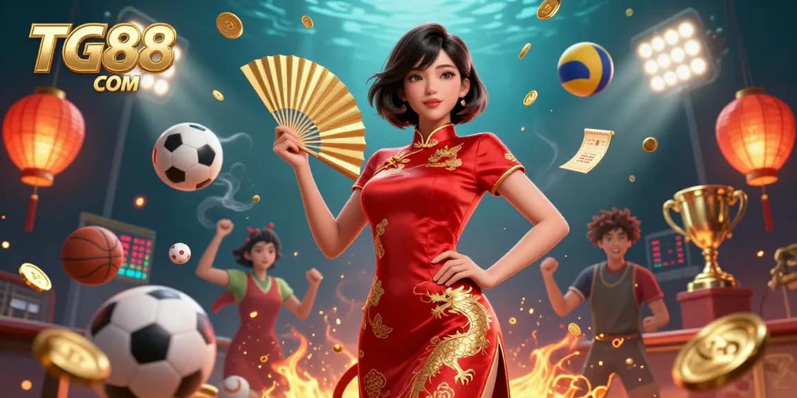 Bet with confidence at TG88 COM, featuring an energetic Asian woman in a vibrant qipao, surrounded by gold coins and dynamic sports elements.