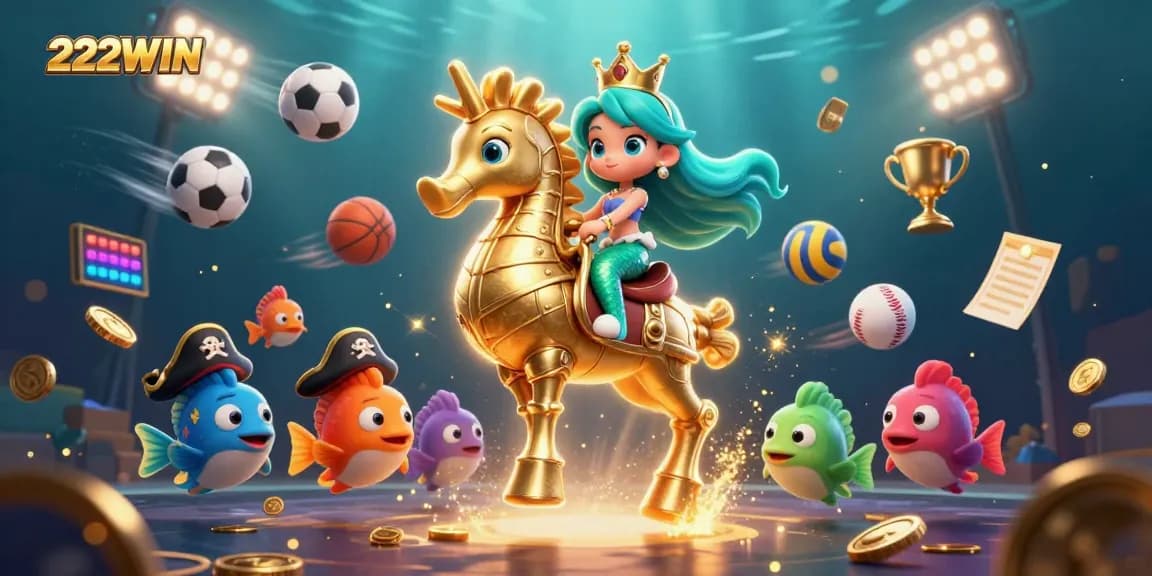 Engage with 222WIN in an exciting casino underwater adventure, showcasing vivid 3D characters and thrilling sports betting elements.