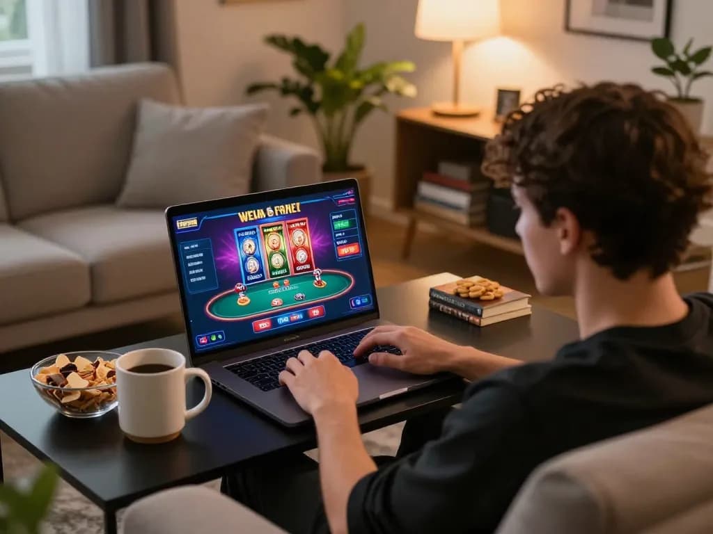 Player engaged in an online gaming session on rokok88, showcasing vibrant poker interface and snacks nearby.