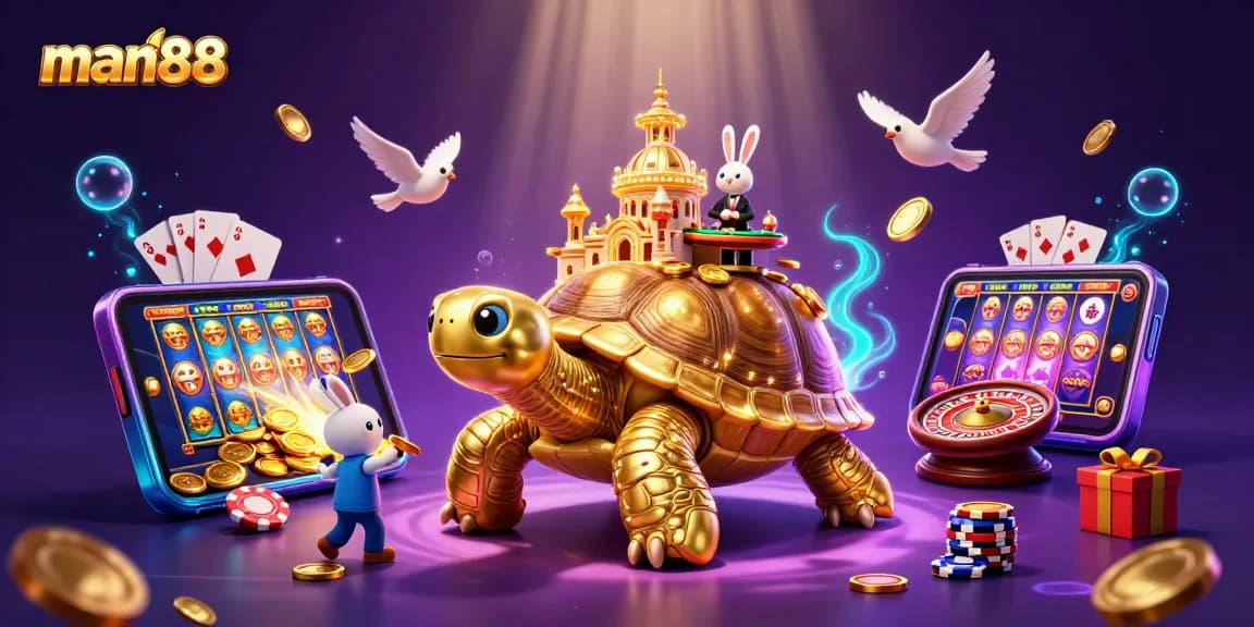 man88's vibrant casino scene with a golden tortoise, rabbit dealer, and flying coins