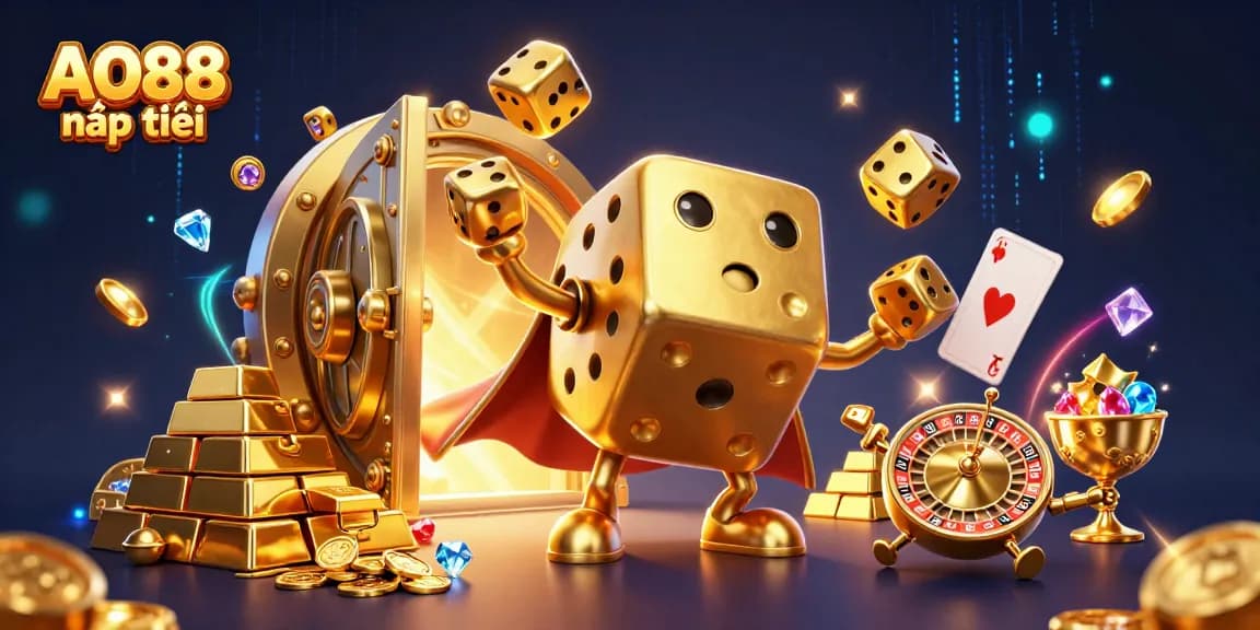 Experience thrilling gaming excitement with AO88 nạp tiền, featuring golden dice and treasures.