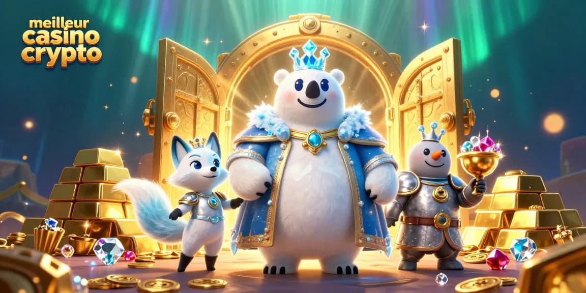 Jouer au meilleur casino crypto avec un ours polaire royal et un renard armé, entourés de trésors scintillants.
